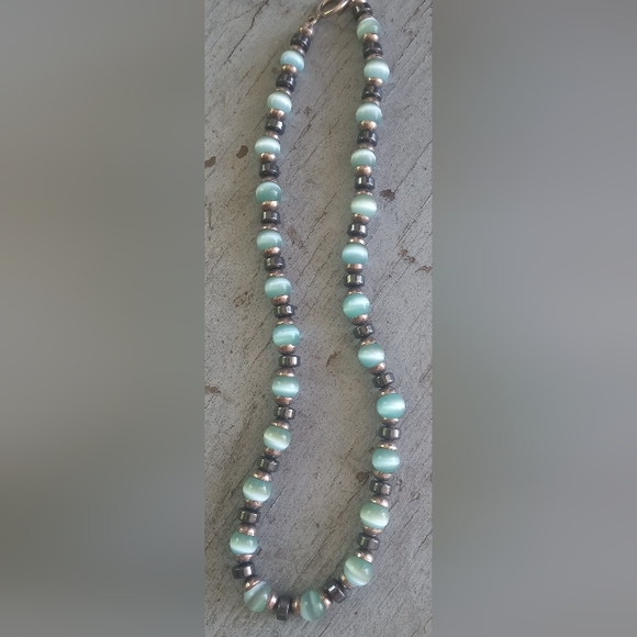 Sterling Silver Blue/Green Cat's Eye Hematite Beaded Vintage Necklace/Bracelet - Picture 7 of 11